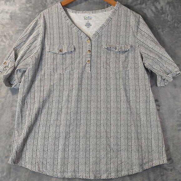 croft & barrow Tops - Croft and Barrow Womens Henley Top 1X Black White Print Roll Tab Sleeve Classic‎